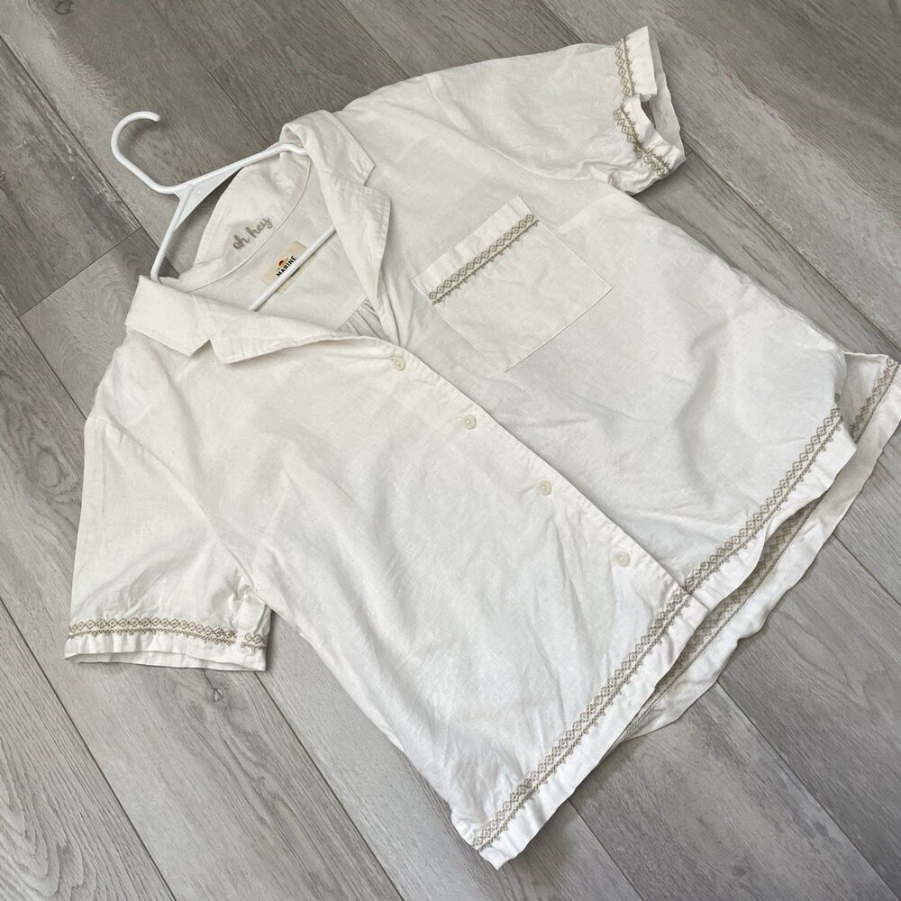 Marine Layer Shirt embroidered button up crop womens Cream (medium) resortwear